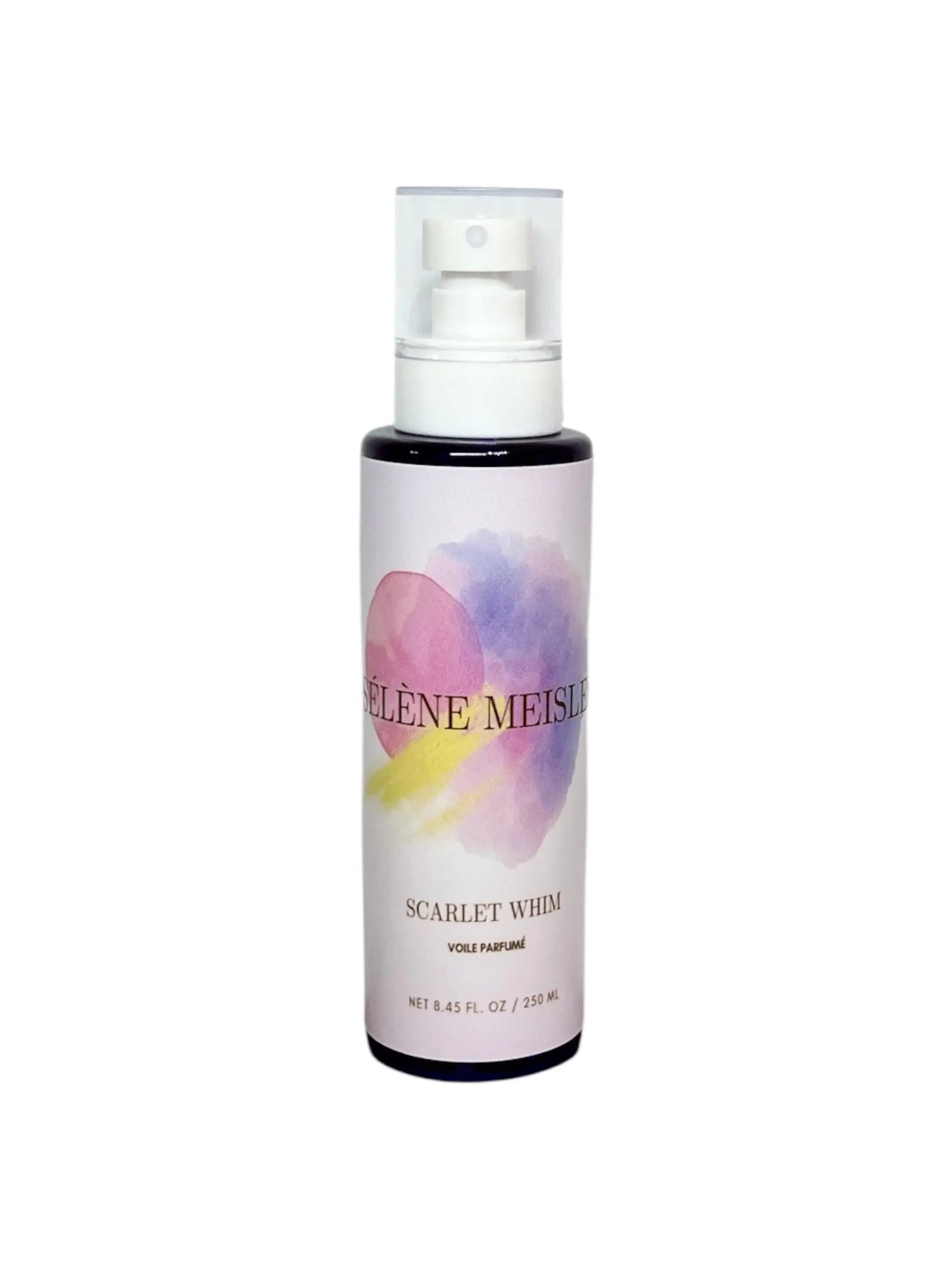 Scarlet Whim perfume by Hélène Meisler in a spray bottle with a colorful watercolor design.